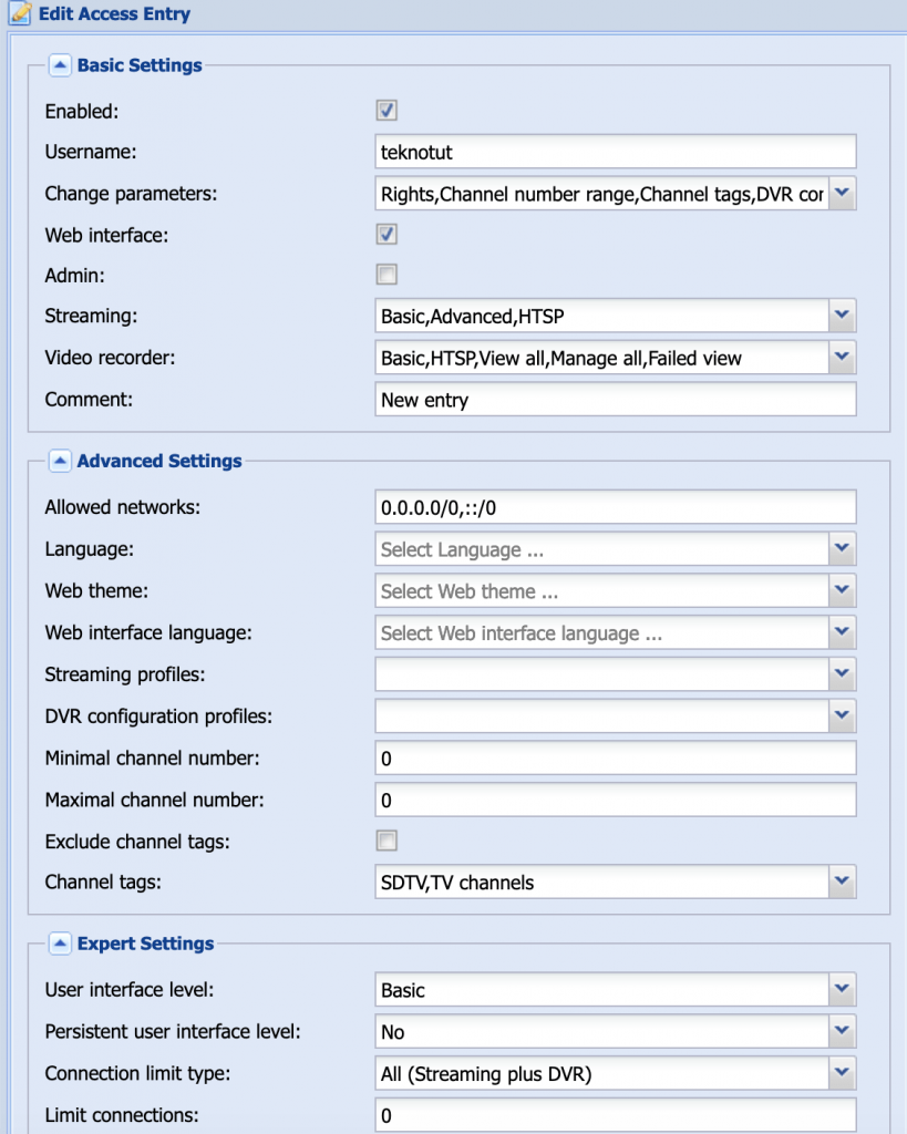 Create a TVHeadend User