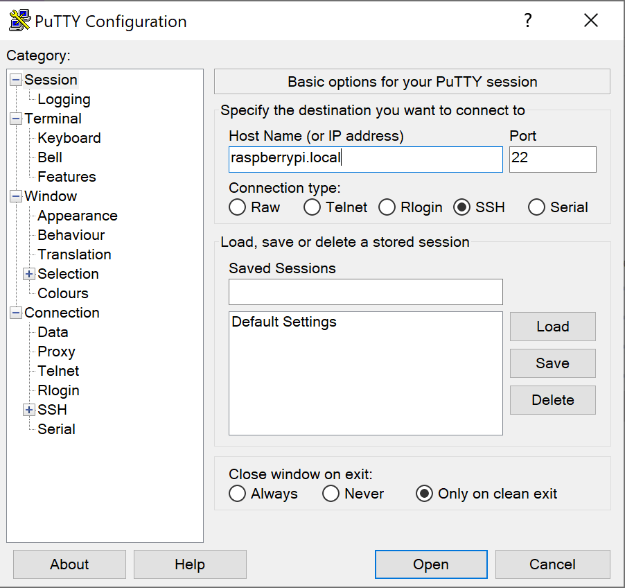 Putty raspberrypi.local