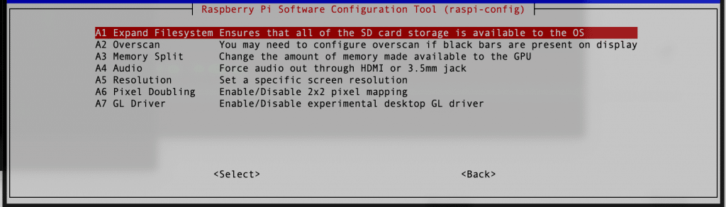 Select A1 in Expand Filesystem