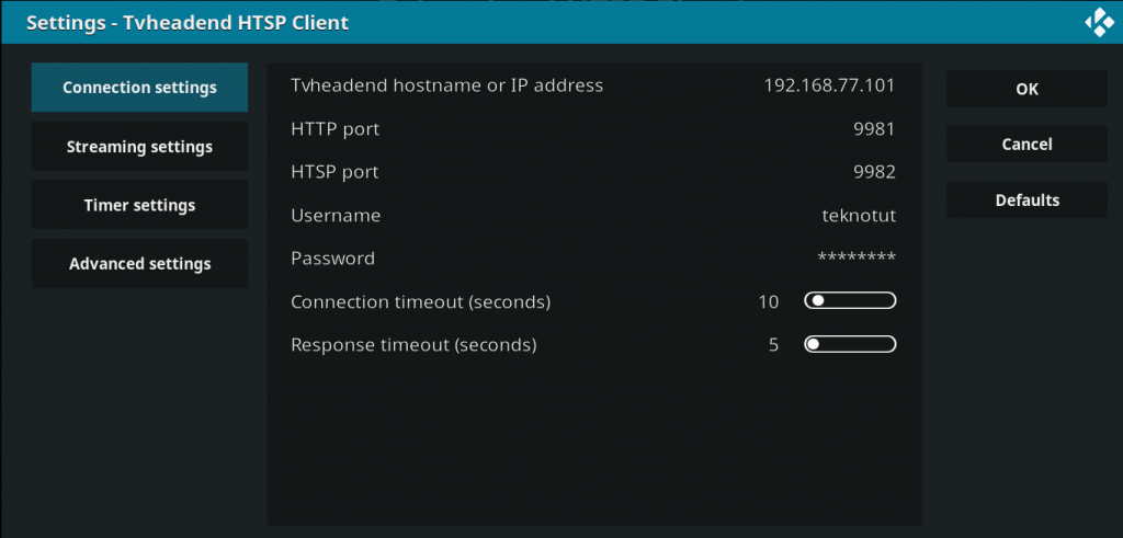 Kodi TV Headend Settings